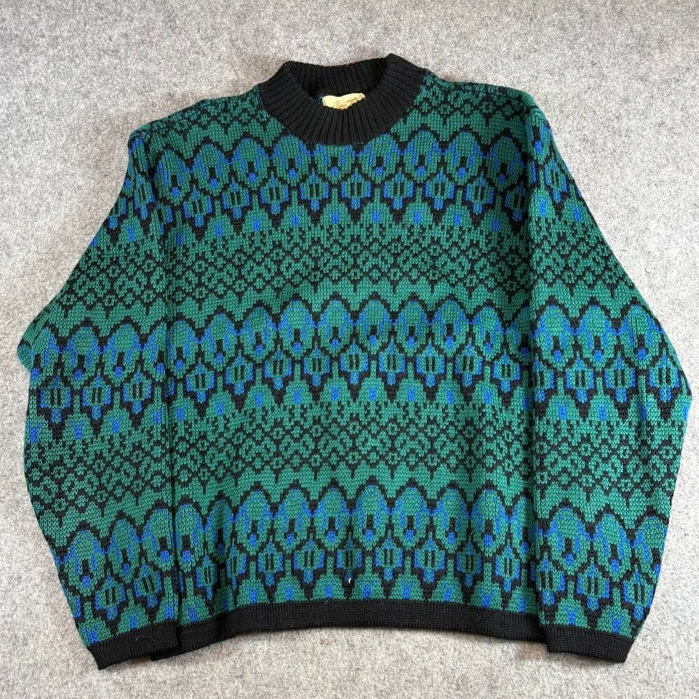 VTG 80s Mon Tricot Sweater Men Green Geometric Wool Pullover Grandpa Retro Large